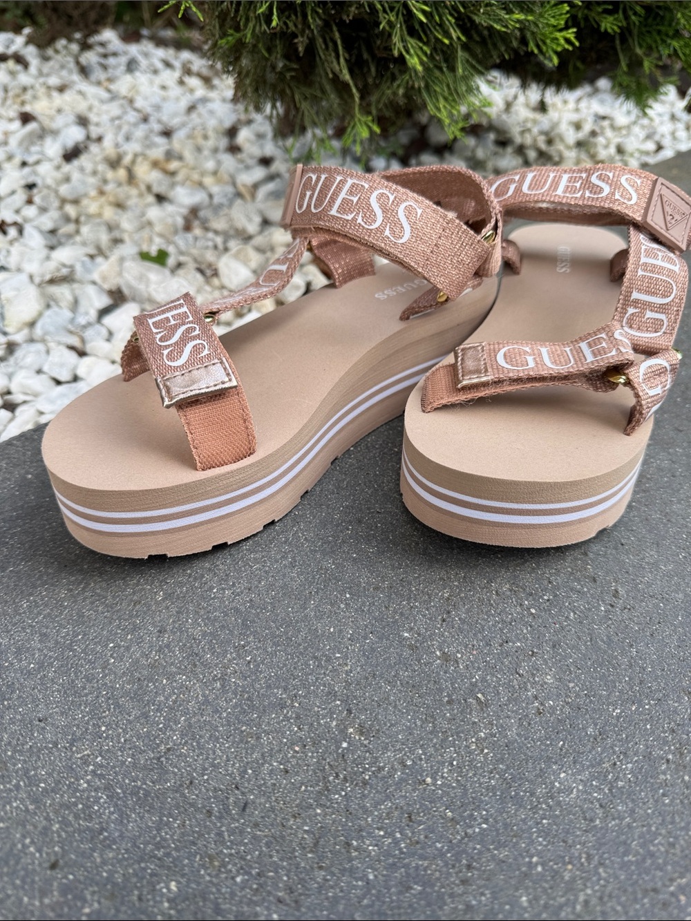 GUESS Rose Gold Platform Sport Sandals with Branded Straps